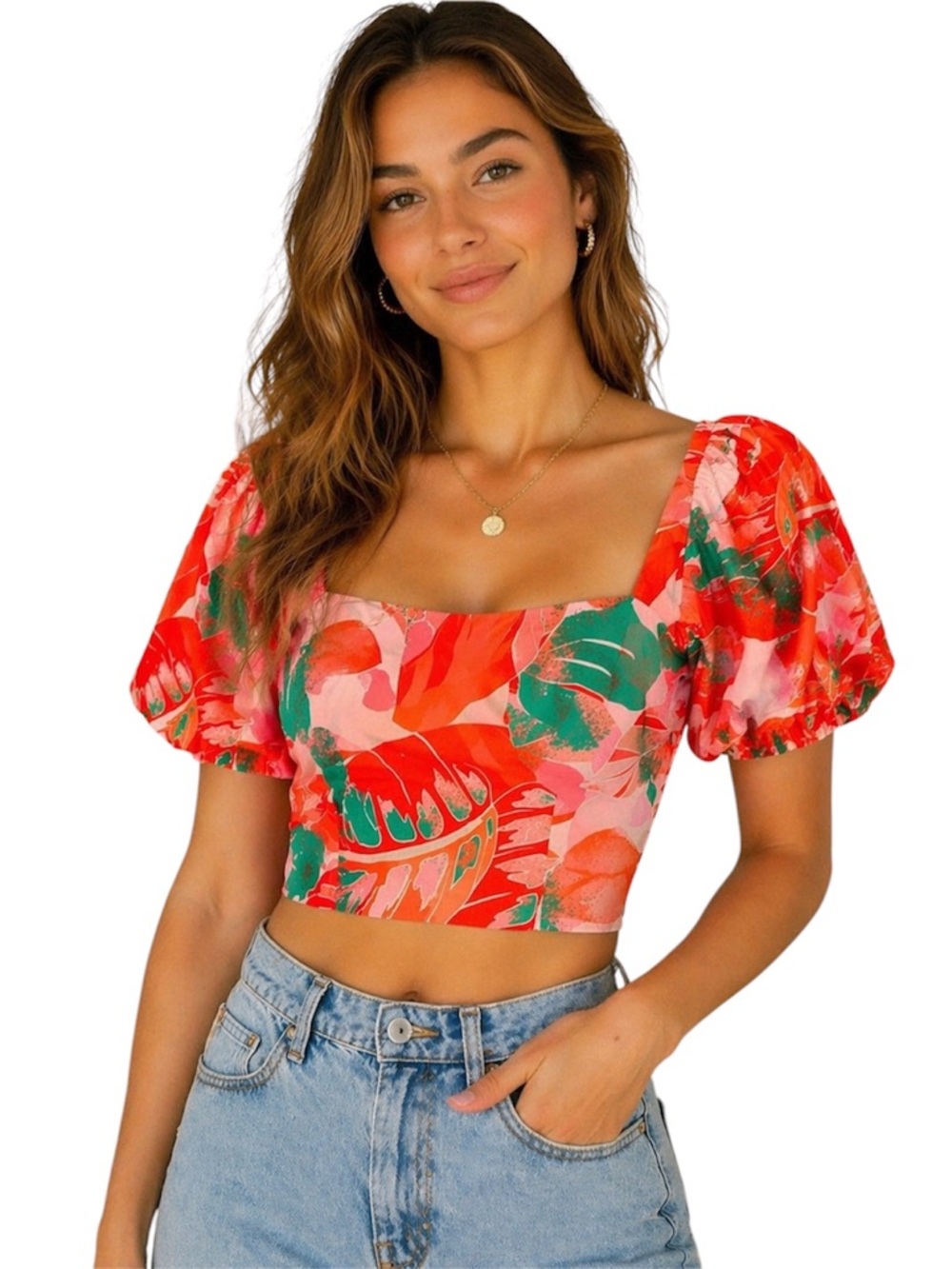 2/$30 Gianni Bini Tropical Puff Sleeve Crop Top Orange Pink Green Size S Smocked
